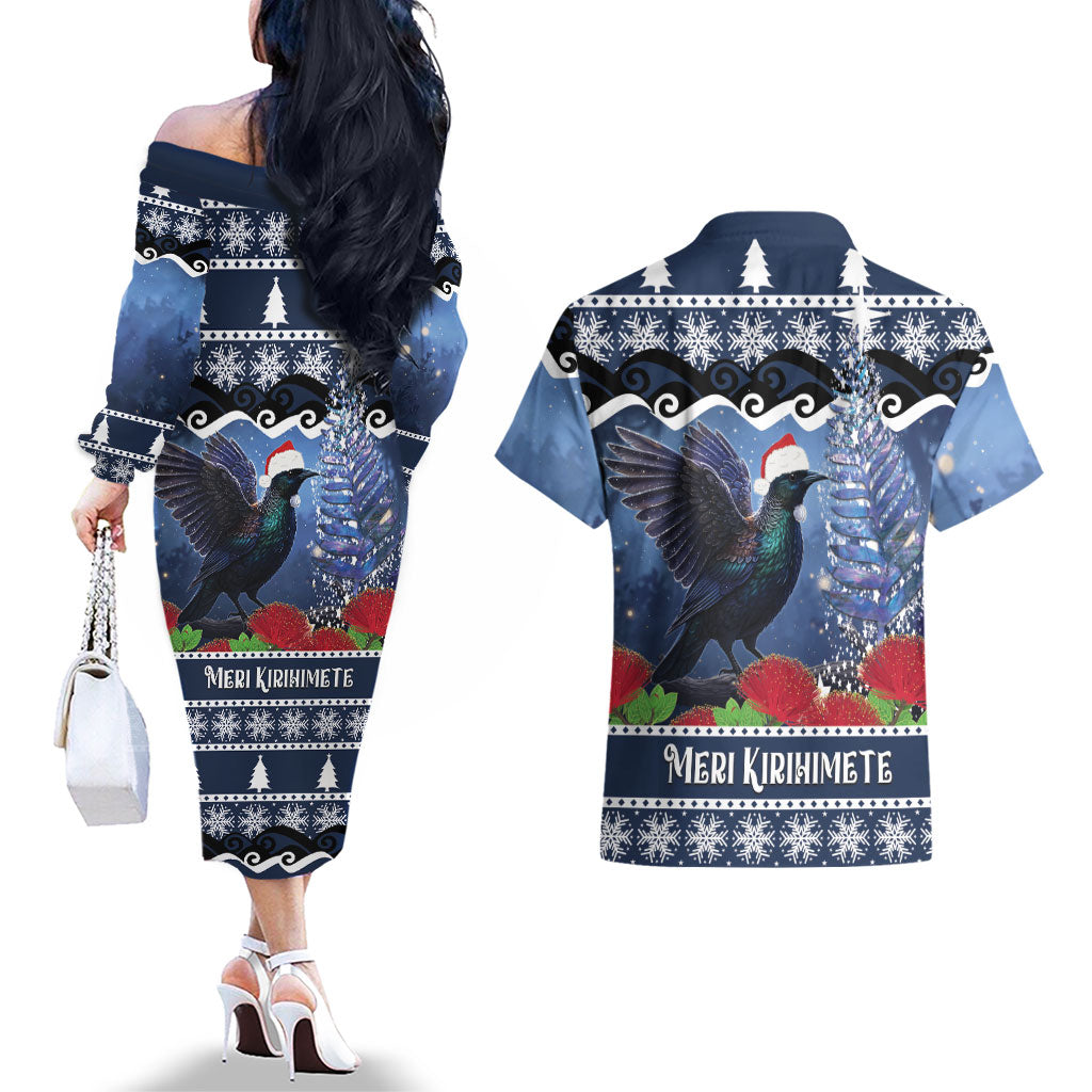 New Zealand Tui Bird Christmas Couples Matching Off The Shoulder Long Sleeve Dress and Hawaiian Shirt Pohutukawa Xmas Tree Meri Kirihimete