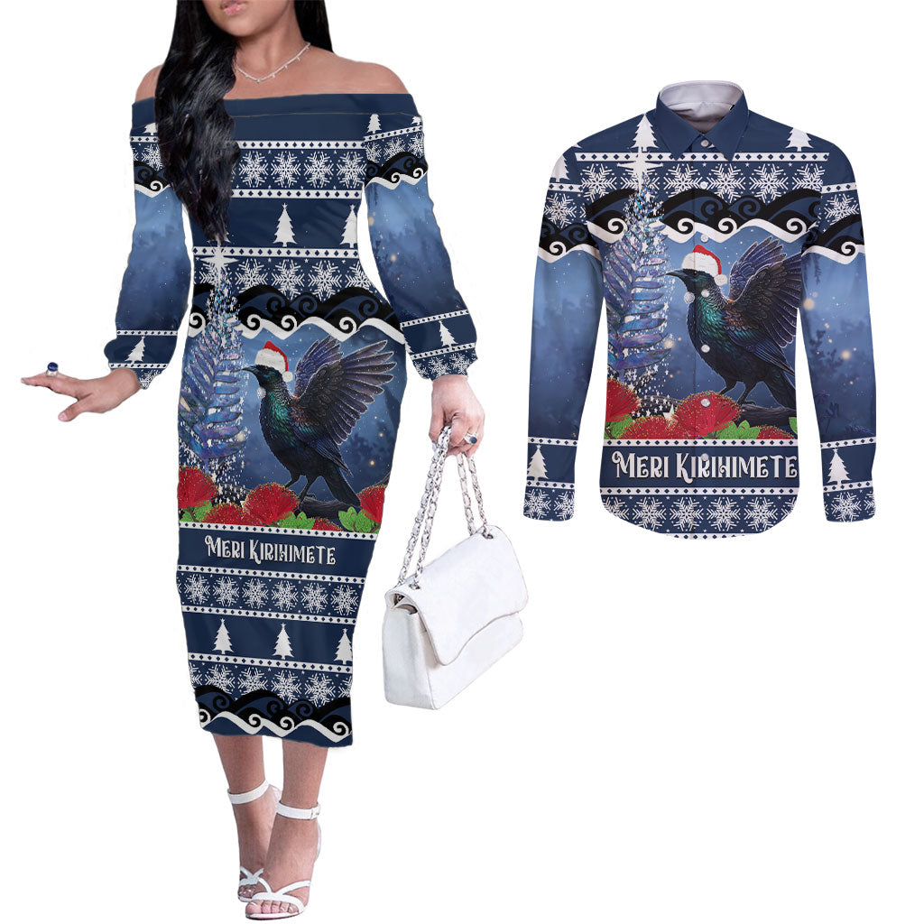 New Zealand Tui Bird Christmas Couples Matching Off The Shoulder Long Sleeve Dress and Long Sleeve Button Shirt Pohutukawa Xmas Tree Meri Kirihimete