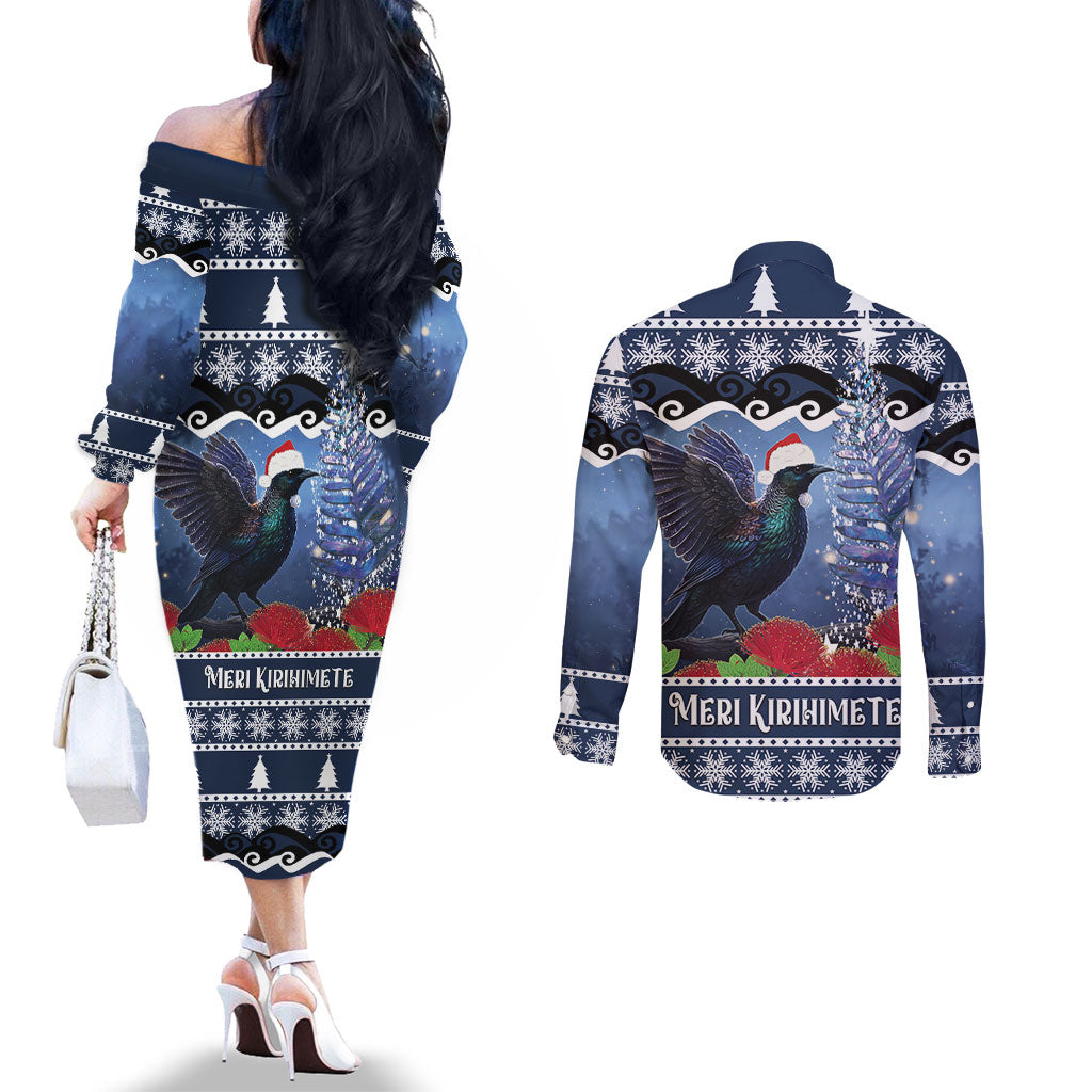 New Zealand Tui Bird Christmas Couples Matching Off The Shoulder Long Sleeve Dress and Long Sleeve Button Shirt Pohutukawa Xmas Tree Meri Kirihimete