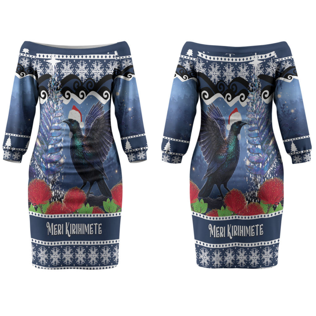 New Zealand Tui Bird Christmas Couples Matching Off The Shoulder Long Sleeve Dress and Long Sleeve Button Shirt Pohutukawa Xmas Tree Meri Kirihimete LT22 - Polynesian Pride