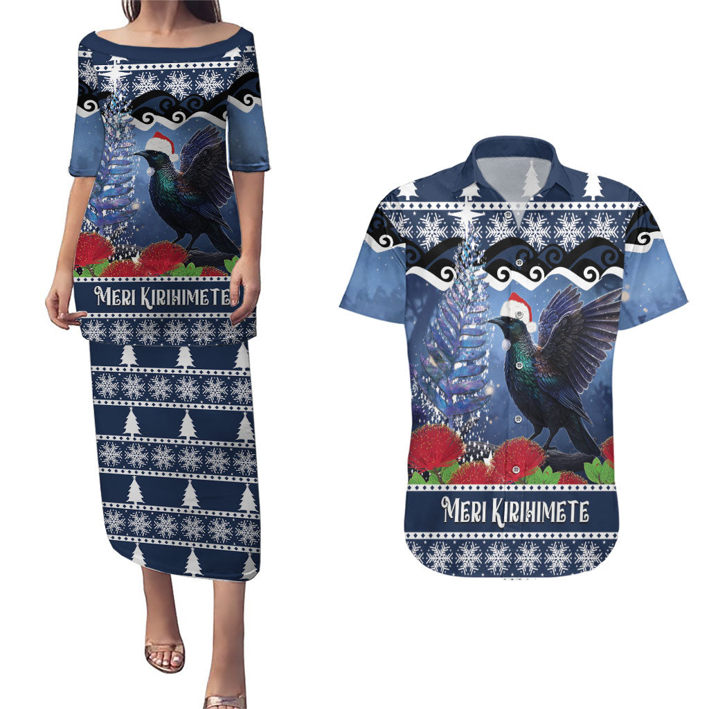 New Zealand Tui Bird Christmas Couples Matching Puletasi and Hawaiian Shirt Pohutukawa Xmas Tree Meri Kirihimete