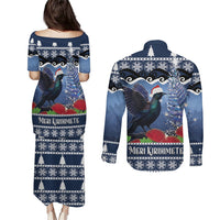 New Zealand Tui Bird Christmas Couples Matching Puletasi and Long Sleeve Button Shirt Pohutukawa Xmas Tree Meri Kirihimete