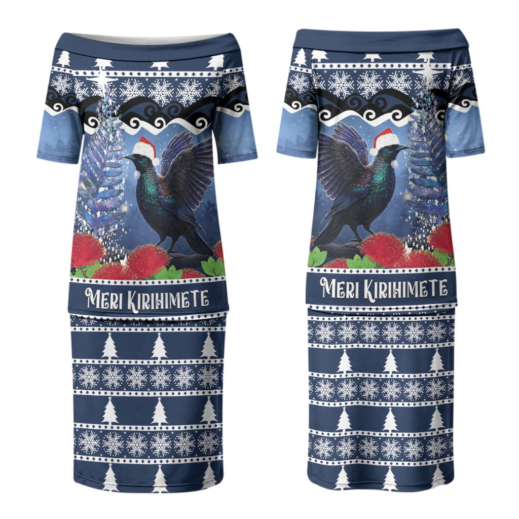 New Zealand Tui Bird Christmas Couples Matching Puletasi and Long Sleeve Button Shirt Pohutukawa Xmas Tree Meri Kirihimete LT22 - Polynesian Pride