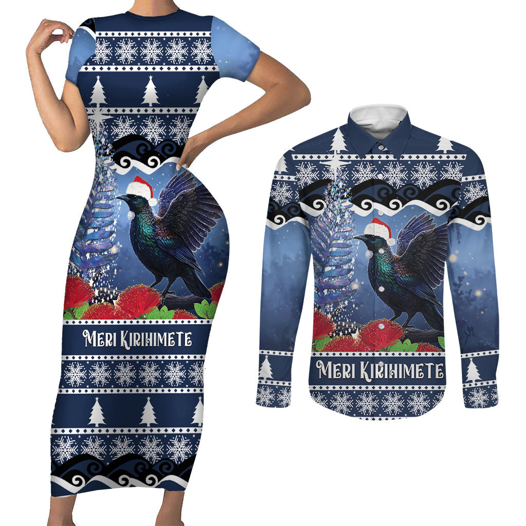 New Zealand Tui Bird Christmas Couples Matching Short Sleeve Bodycon Dress and Long Sleeve Button Shirt Pohutukawa Xmas Tree Meri Kirihimete