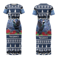 New Zealand Tui Bird Christmas Couples Matching Short Sleeve Bodycon Dress and Long Sleeve Button Shirt Pohutukawa Xmas Tree Meri Kirihimete LT22 - Polynesian Pride