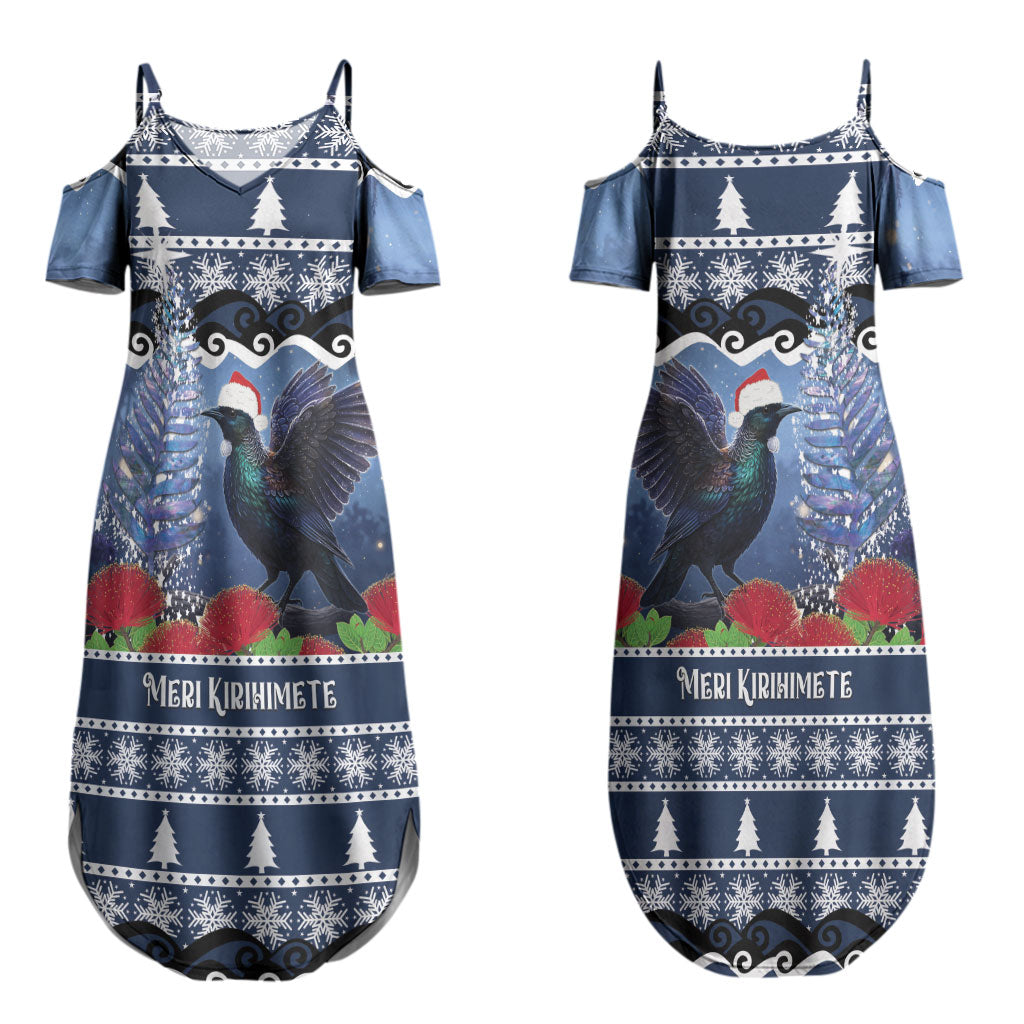 New Zealand Tui Bird Christmas Couples Matching Summer Maxi Dress and Hawaiian Shirt Pohutukawa Xmas Tree Meri Kirihimete LT22 - Polynesian Pride