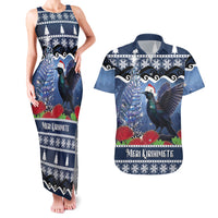 New Zealand Tui Bird Christmas Couples Matching Tank Maxi Dress and Hawaiian Shirt Pohutukawa Xmas Tree Meri Kirihimete