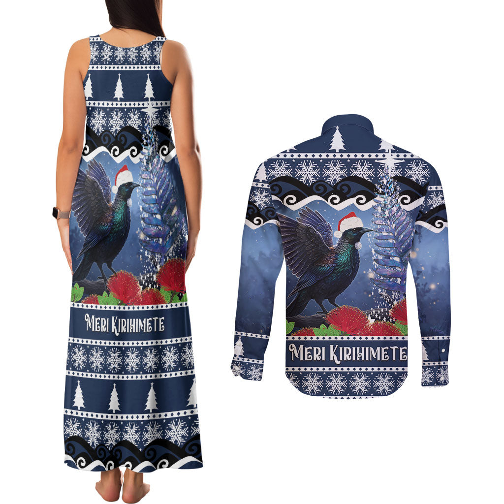 New Zealand Tui Bird Christmas Couples Matching Tank Maxi Dress and Long Sleeve Button Shirt Pohutukawa Xmas Tree Meri Kirihimete