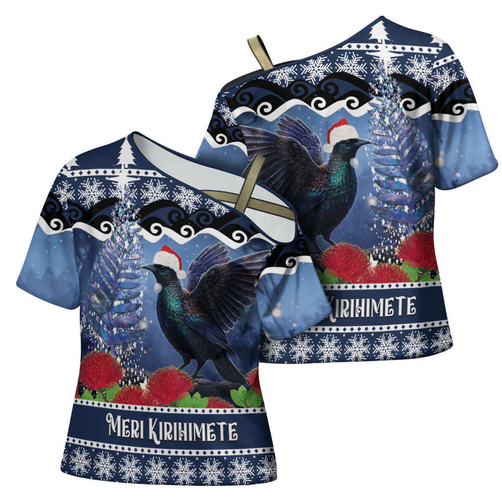 New Zealand Tui Bird Christmas Cross Shoulder Shirt Pohutukawa Xmas Tree Meri Kirihimete