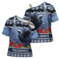 New Zealand Tui Bird Christmas Cross Shoulder Shirt Pohutukawa Xmas Tree Meri Kirihimete
