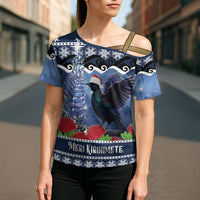 New Zealand Tui Bird Christmas Cross Shoulder Shirt Pohutukawa Xmas Tree Meri Kirihimete