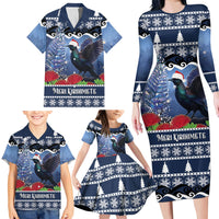New Zealand Tui Bird Christmas Family Matching Long Sleeve Bodycon Dress and Hawaiian Shirt Pohutukawa Xmas Tree Meri Kirihimete