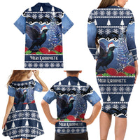 New Zealand Tui Bird Christmas Family Matching Long Sleeve Bodycon Dress and Hawaiian Shirt Pohutukawa Xmas Tree Meri Kirihimete