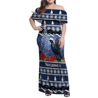 New Zealand Tui Bird Christmas Family Matching Off Shoulder Maxi Dress and Hawaiian Shirt Pohutukawa Xmas Tree Meri Kirihimete