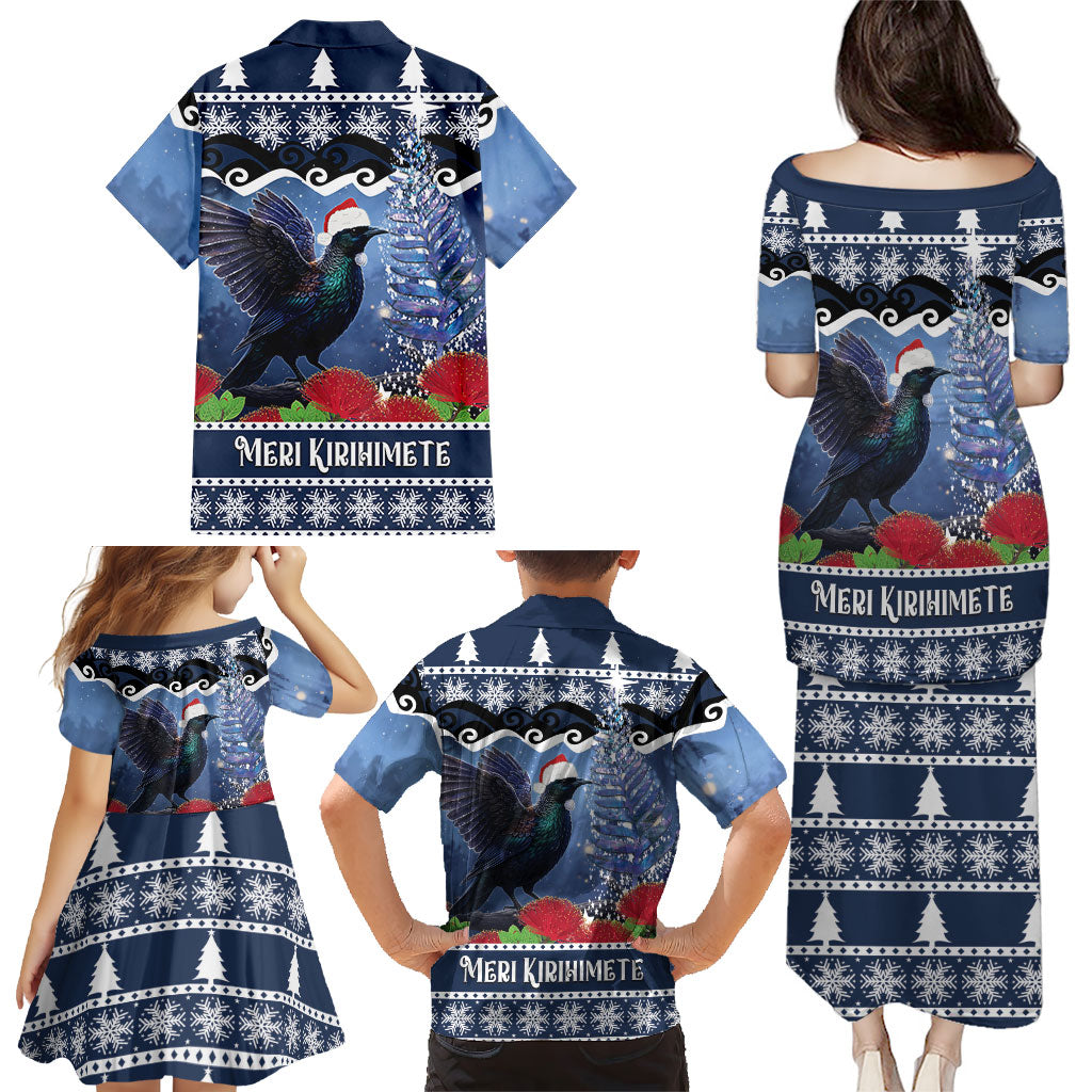 New Zealand Tui Bird Christmas Family Matching Puletasi and Hawaiian Shirt Pohutukawa Xmas Tree Meri Kirihimete