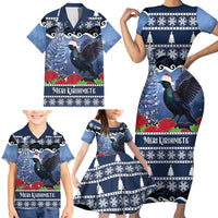 New Zealand Tui Bird Christmas Family Matching Short Sleeve Bodycon Dress and Hawaiian Shirt Pohutukawa Xmas Tree Meri Kirihimete