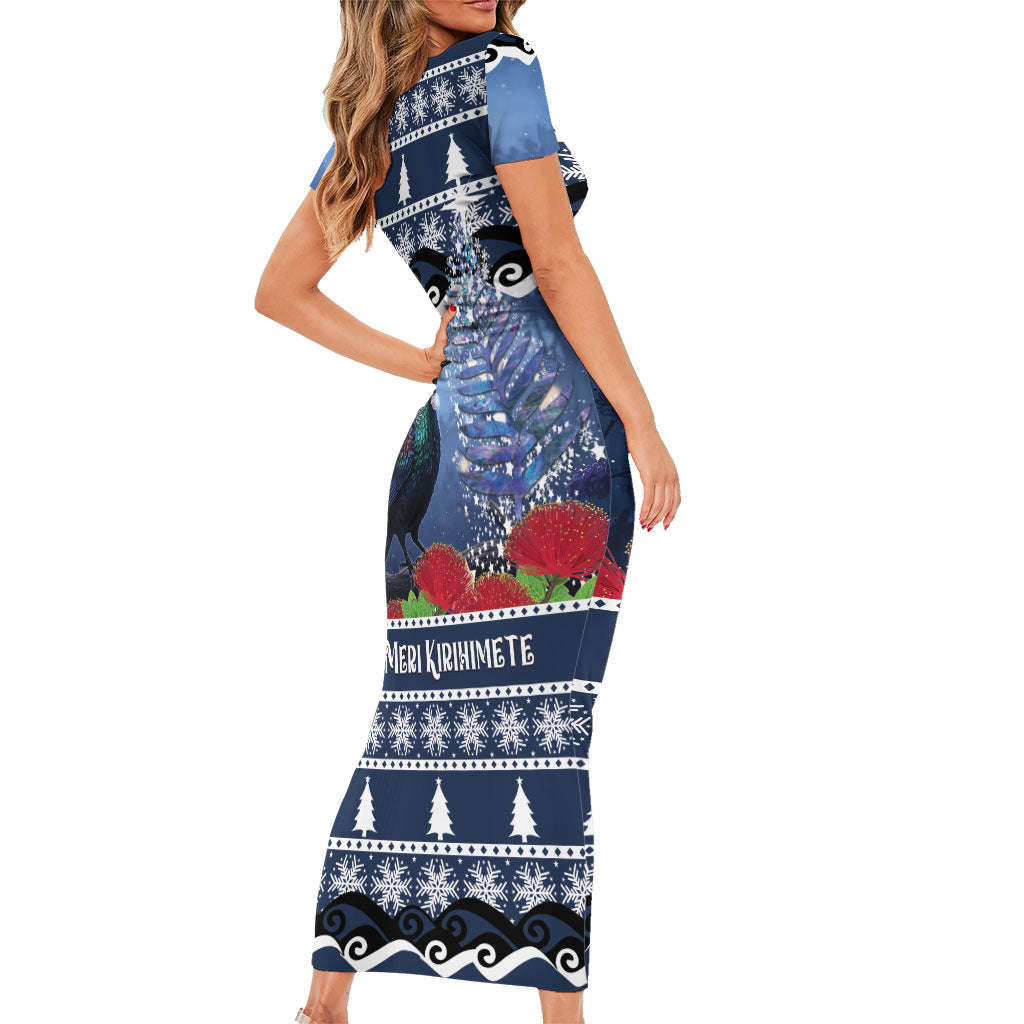 New Zealand Tui Bird Christmas Family Matching Short Sleeve Bodycon Dress and Hawaiian Shirt Pohutukawa Xmas Tree Meri Kirihimete