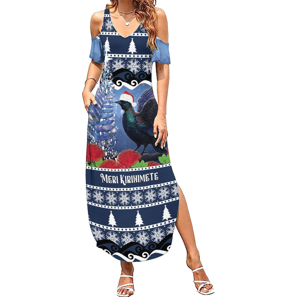 New Zealand Tui Bird Christmas Family Matching Summer Maxi Dress and Hawaiian Shirt Pohutukawa Xmas Tree Meri Kirihimete