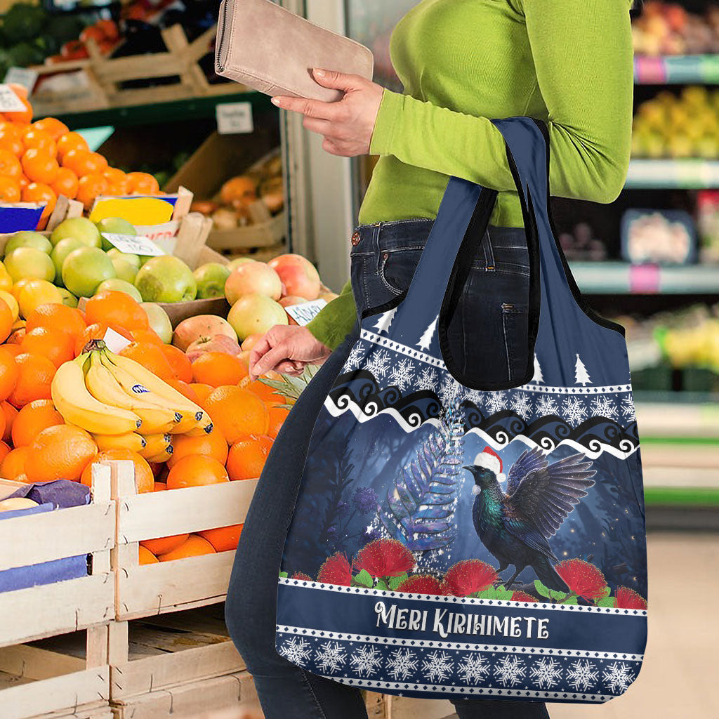 New Zealand Tui Bird Christmas Grocery Bag Pohutukawa Xmas Tree Meri Kirihimete