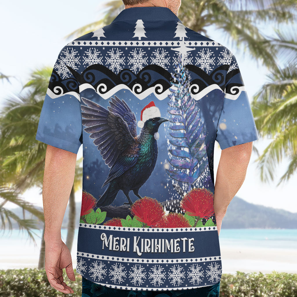 New Zealand Tui Bird Christmas Hawaiian Shirt Pohutukawa Xmas Tree Meri Kirihimete