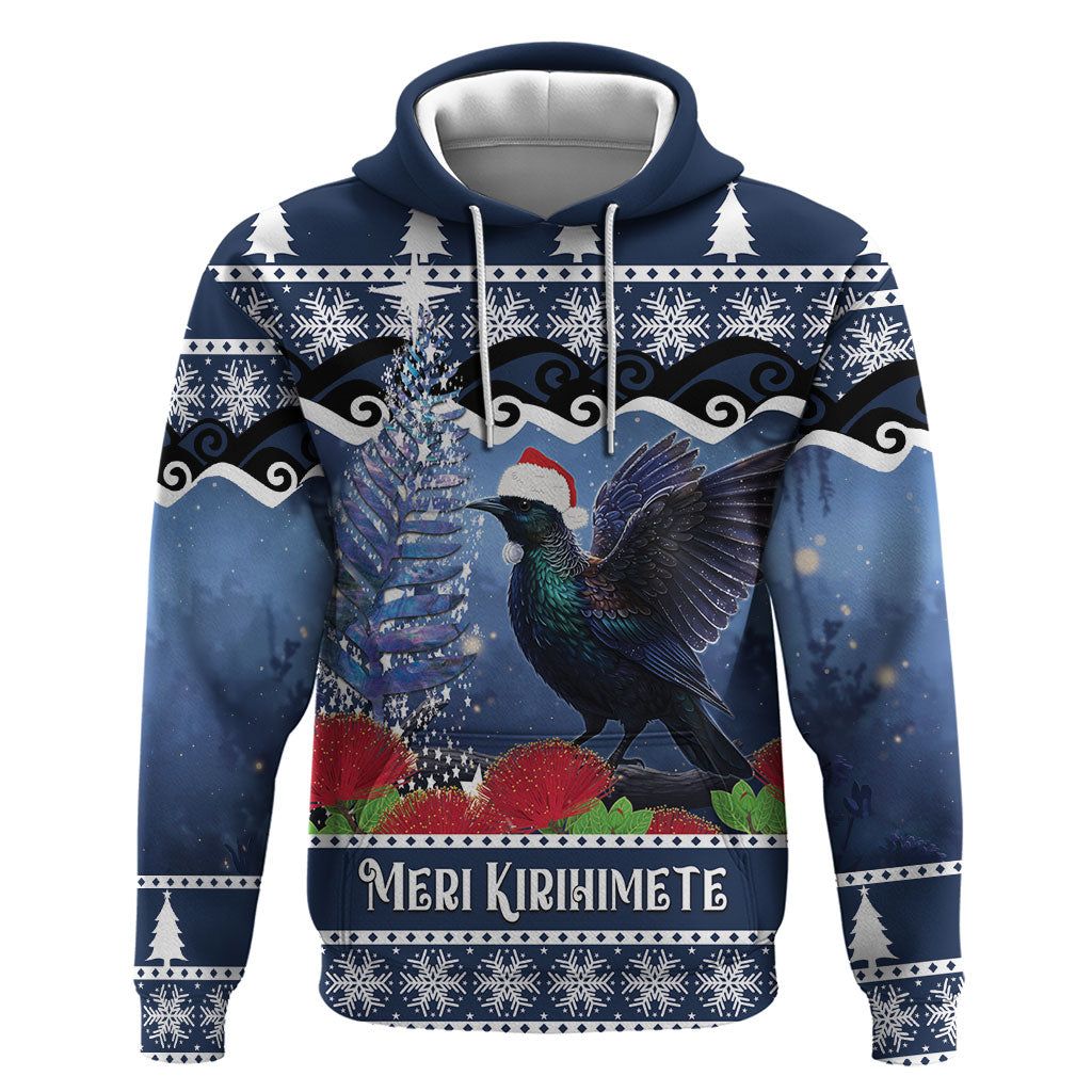 New Zealand Tui Bird Christmas Hoodie Pohutukawa Xmas Tree Meri Kirihimete