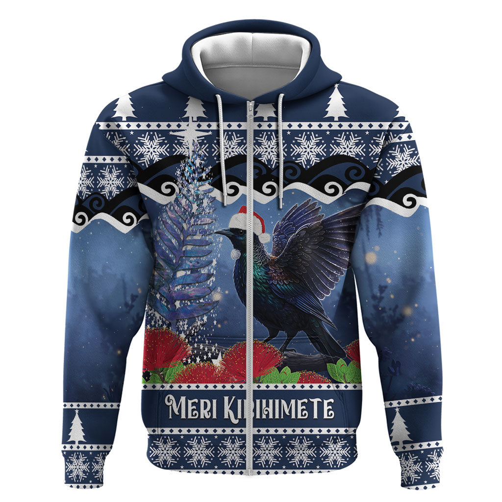 New Zealand Tui Bird Christmas Hoodie Pohutukawa Xmas Tree Meri Kirihimete