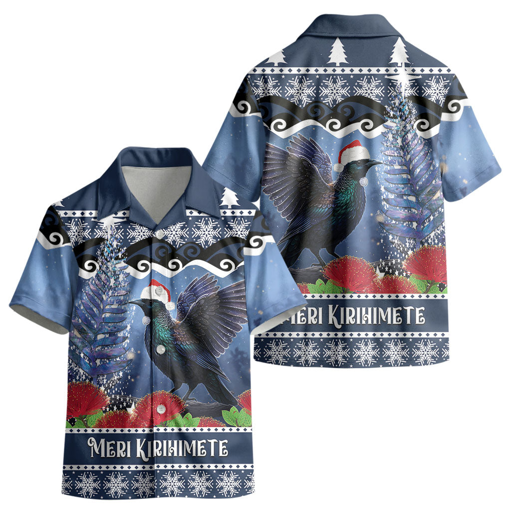 New Zealand Tui Bird Christmas Kid Hawaiian Shirt Pohutukawa Xmas Tree Meri Kirihimete LT22 - Polynesian Pride
