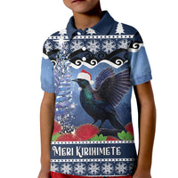 New Zealand Tui Bird Christmas Kid Polo Shirt Pohutukawa Xmas Tree Meri Kirihimete