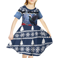 New Zealand Tui Bird Christmas Kid Short Sleeve Dress Pohutukawa Xmas Tree Meri Kirihimete