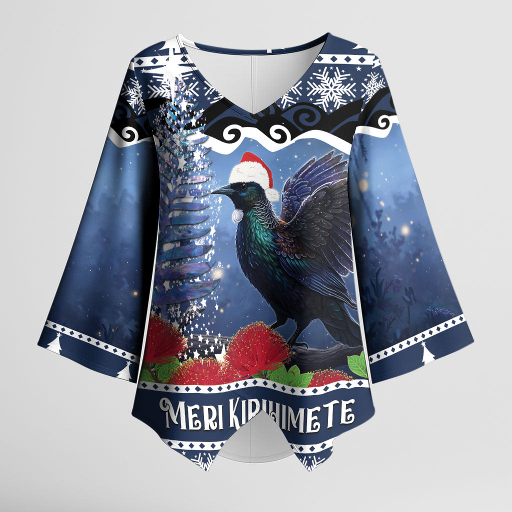 New Zealand Tui Bird Christmas Kimono Sleeve Blouse Pohutukawa Xmas Tree Meri Kirihimete