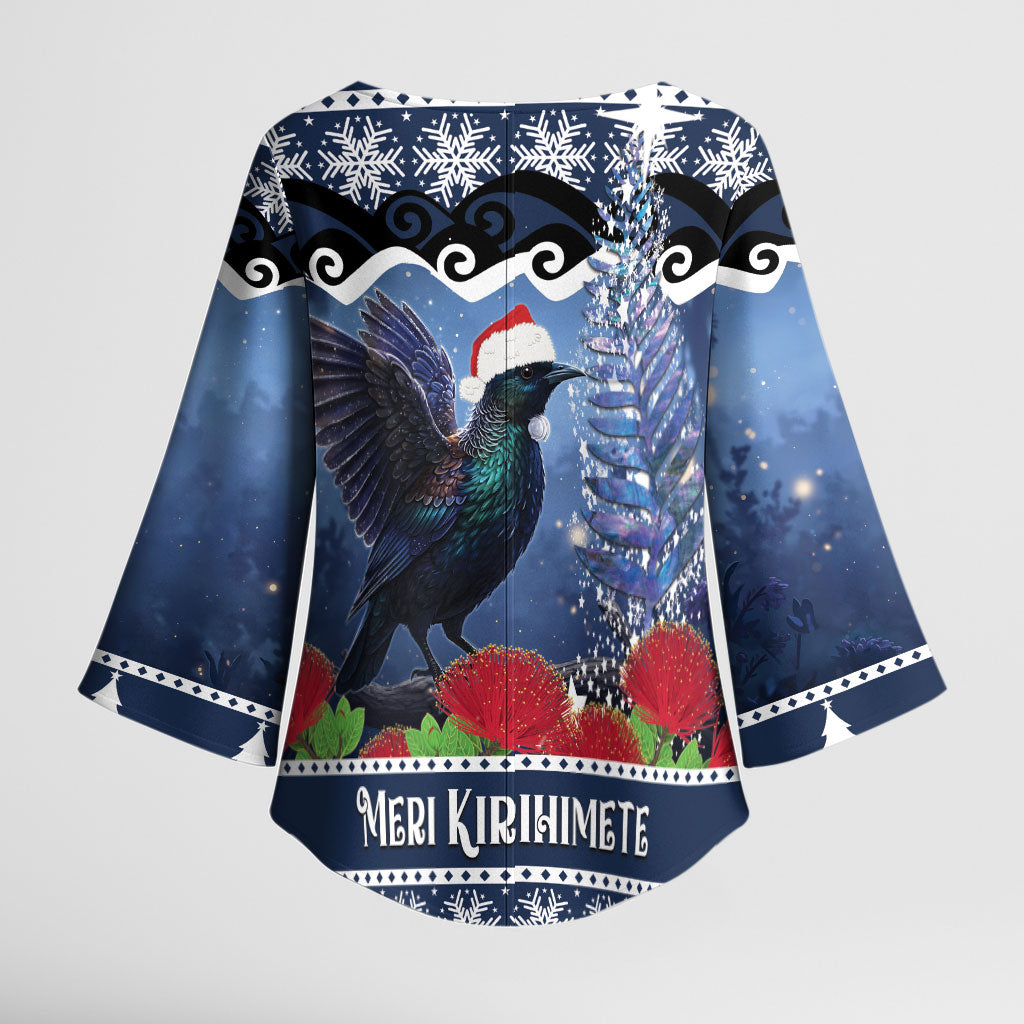 New Zealand Tui Bird Christmas Kimono Sleeve Blouse Pohutukawa Xmas Tree Meri Kirihimete