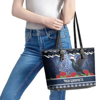 New Zealand Tui Bird Christmas Leather Tote Bag Pohutukawa Xmas Tree Meri Kirihimete