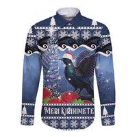 New Zealand Tui Bird Christmas Long Sleeve Button Shirt Pohutukawa Xmas Tree Meri Kirihimete