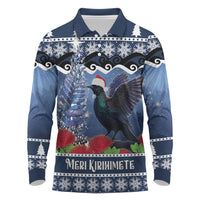 New Zealand Tui Bird Christmas Long Sleeve Polo Shirt Pohutukawa Xmas Tree Meri Kirihimete