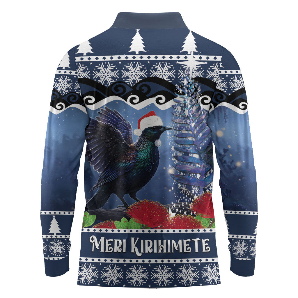 New Zealand Tui Bird Christmas Long Sleeve Polo Shirt Pohutukawa Xmas Tree Meri Kirihimete