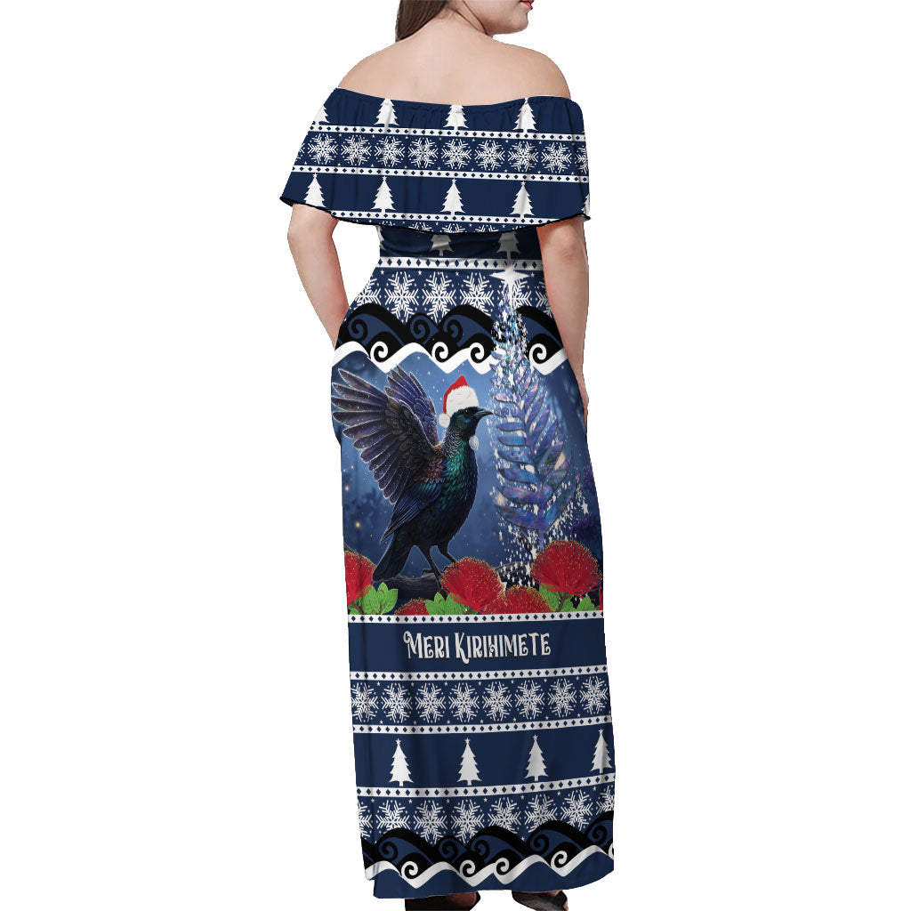 New Zealand Tui Bird Christmas Off Shoulder Maxi Dress Pohutukawa Xmas Tree Meri Kirihimete