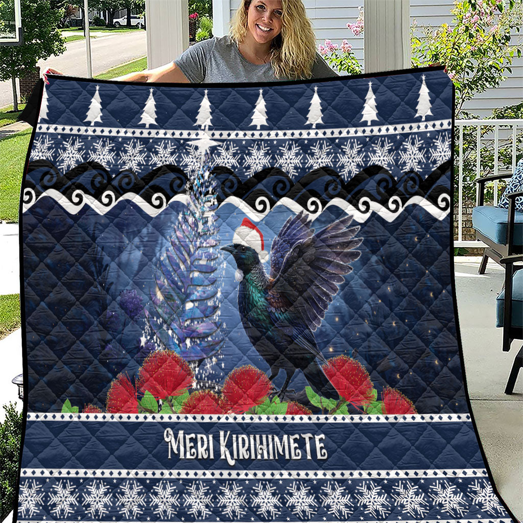 New Zealand Tui Bird Christmas Quilt Pohutukawa Xmas Tree Meri Kirihimete LT22 Blue - Polynesian Pride