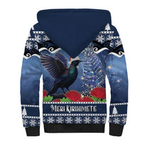 New Zealand Tui Bird Christmas Sherpa Hoodie Pohutukawa Xmas Tree Meri Kirihimete