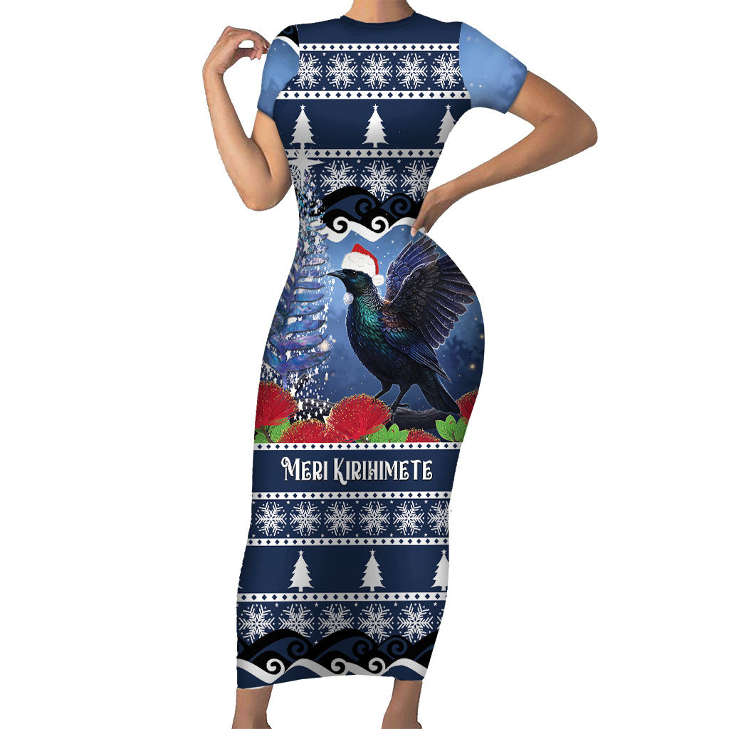 New Zealand Tui Bird Christmas Short Sleeve Bodycon Dress Pohutukawa Xmas Tree Meri Kirihimete
