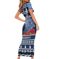 New Zealand Tui Bird Christmas Short Sleeve Bodycon Dress Pohutukawa Xmas Tree Meri Kirihimete