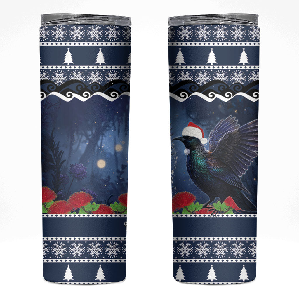 New Zealand Tui Bird Christmas Skinny Tumbler Pohutukawa Xmas Tree Meri Kirihimete
