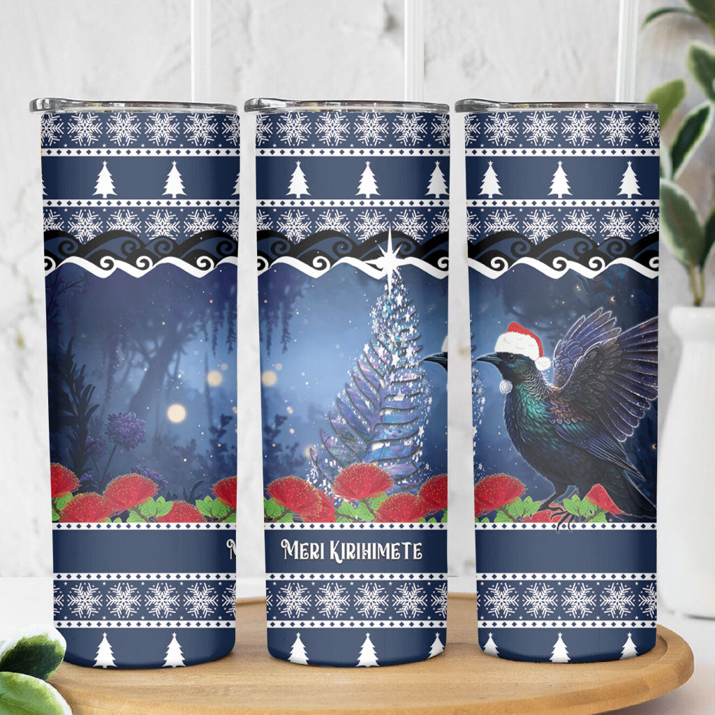 New Zealand Tui Bird Christmas Skinny Tumbler Pohutukawa Xmas Tree Meri Kirihimete