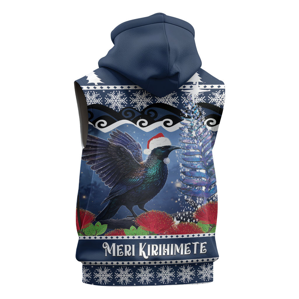 New Zealand Tui Bird Christmas Sleeveless Hoodie Pohutukawa Xmas Tree Meri Kirihimete