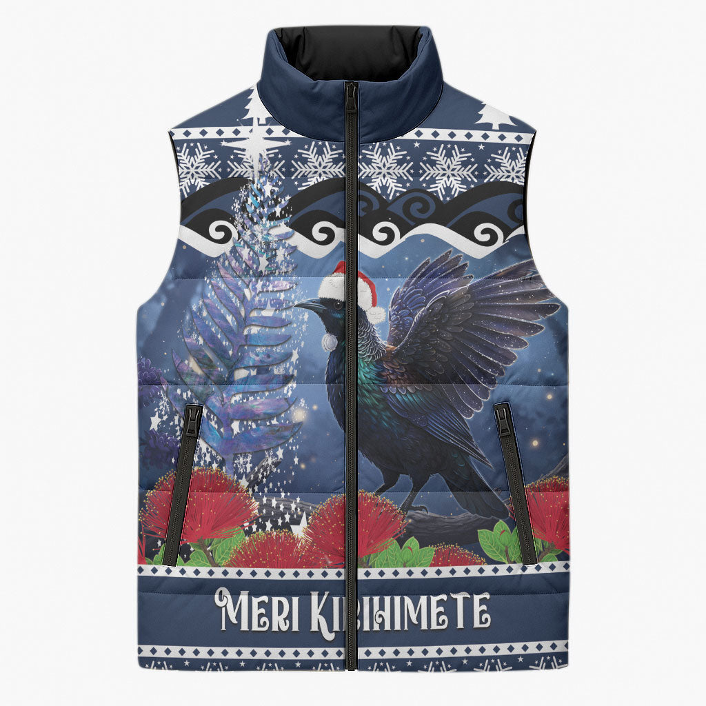 New Zealand Tui Bird Christmas Sleeveless Puffer Jacket Pohutukawa Xmas Tree Meri Kirihimete