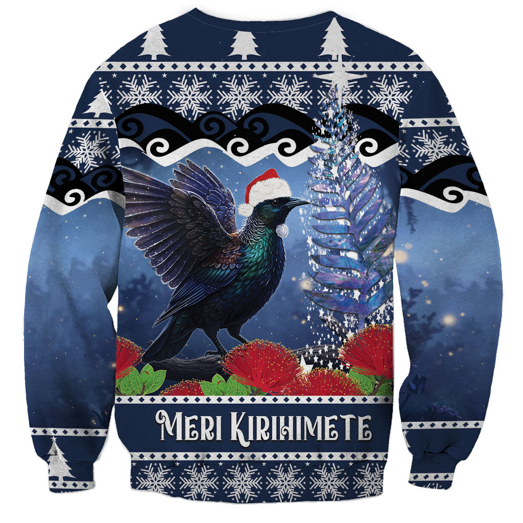 New Zealand Tui Bird Christmas Sweatshirt Pohutukawa Xmas Tree Meri Kirihimete