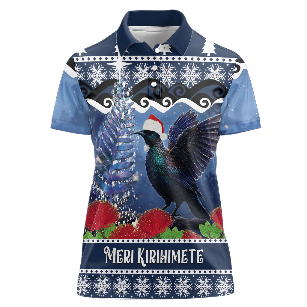 New Zealand Tui Bird Christmas Women Polo Shirt Pohutukawa Xmas Tree Meri Kirihimete