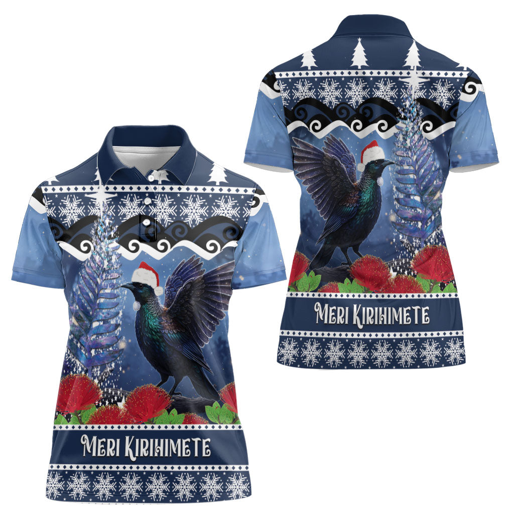New Zealand Tui Bird Christmas Women Polo Shirt Pohutukawa Xmas Tree Meri Kirihimete