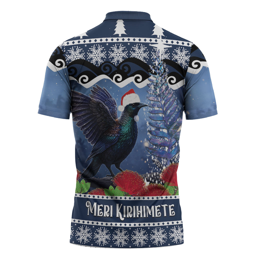 New Zealand Tui Bird Christmas Zipper Polo Shirt Pohutukawa Xmas Tree Meri Kirihimete