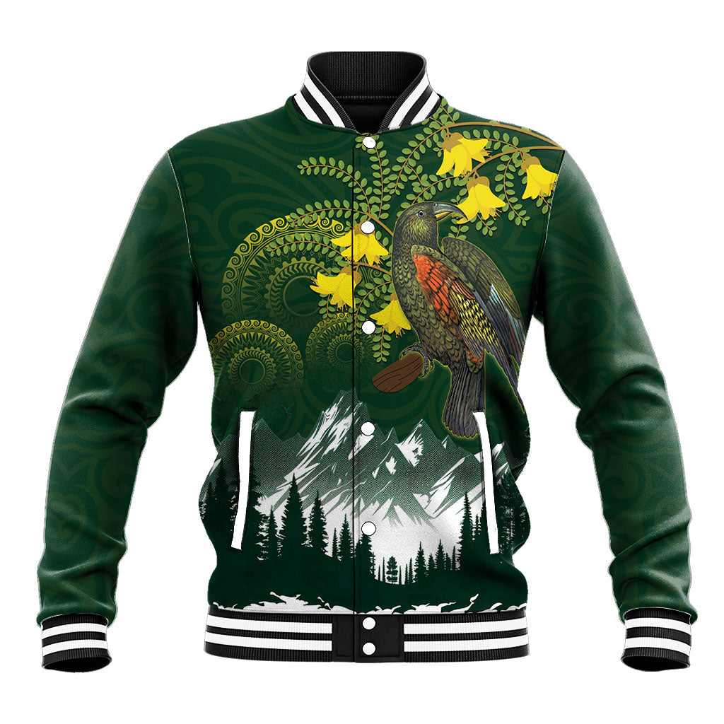 Kea Bird Kowhai New Zealand Baseball Jacket Mountain Landscape Maori Art LT22 Unisex Green - Polynesian Pride