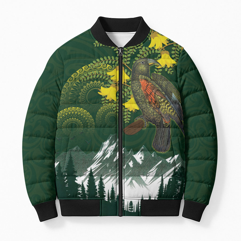 Kea Bird Kowhai New Zealand Bomber Puffer Jacket Mountain Landscape Maori Art LT22 Unisex Green - Polynesian Pride